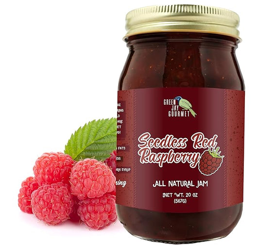 Green Jay Gourmet Seedless Raspberry Jam - All-Natural Fruit Jam with Red Raspberries & Lemon Juice - Vegan, Gluten-free Jam - Contains No Preservatives or Corn Syrup - Made in USA - 20 Ounces