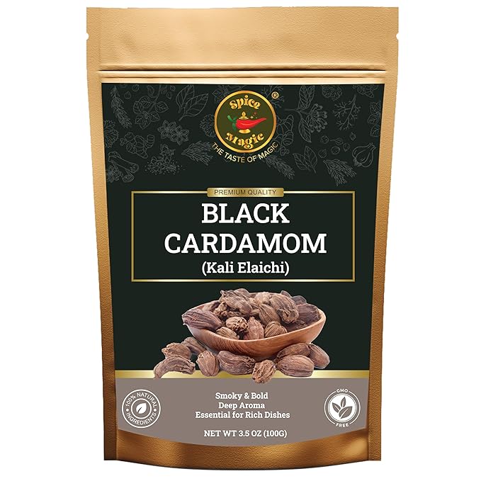 Spice Magic Black Cardamom Pods (Kali Elachi) – Whole Indian Spice 3.5 oz (100 g) | Smoky Aroma | 100% Natural, Non-GMO, Vegan & Gluten-Free | Authentic Indian Origin.
