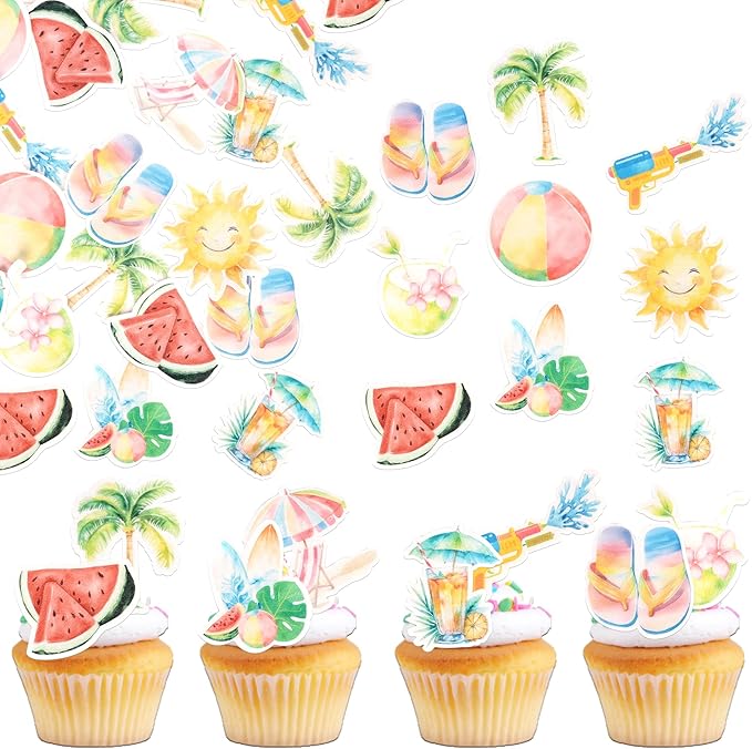 60 Pack Edible Summer Beach Theme Cake Topper Umbrella Chair Palm Tree Watermelon Coconut Cake Pick Hawaiian Beach Cupcake Decorations for Baby Shower Birthday Wedding Party Supplies