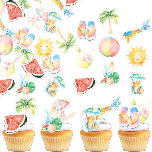 60 Pack Edible Summer Beach Theme Cake Topper Umbrella Chair Palm Tree Watermelon Coconut Cake Pick Hawaiian Beach Cupcake Decorations for Baby Shower Birthday Wedding Party Supplies