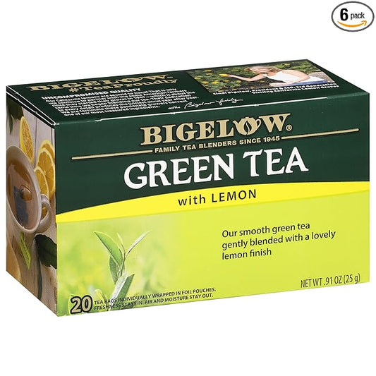 Bigelow Tea Green with Lemon Tea Bags, Caffeinated, 20 Count, Pack of 6