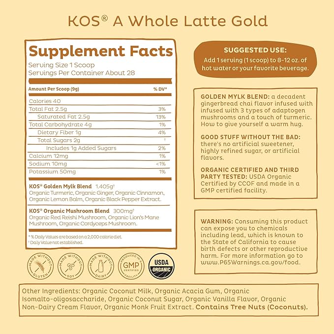 KOS Golden Mylk with Tumeric and Ginger, Organic Superfood Latte Powder, Adaptogen Mushroom Blend - Coffee Creamer, Dessert & Smoothie - Caffeine Free, Vegan, Dairy-Free, Gingerbread Chai, 28 Servings