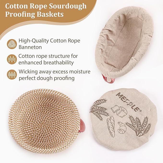 Sourdough Bread Baking Set,10" Round and 11" Oval Rope Banneton Proofing Basket with Liners,Sourdough Starter Kit with Bread Lame,Dough Whisk,Bowl Scraper,Brush and Stainless Steel Scraper