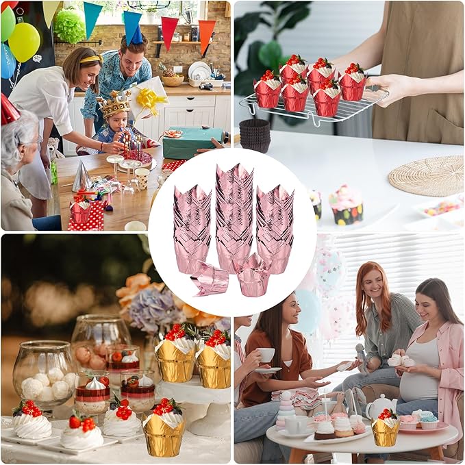 uxcell 100 Pcs Tulip Cupcake Liners, Muffins Liners Aluminum Foil Cupcake Wrappers Baking Cups Muffins Liners for Wedding Birthday Party Supplies, Rose Gold