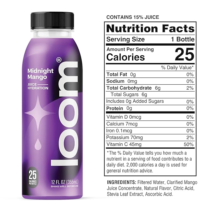 Midnight Mango Juice Drinks by Loom, Low Sugar Juice, Real Fruit, No Added Sugar, 30 Calories, Vegan, Gluten Free, 12 oz bottles, 12 pack