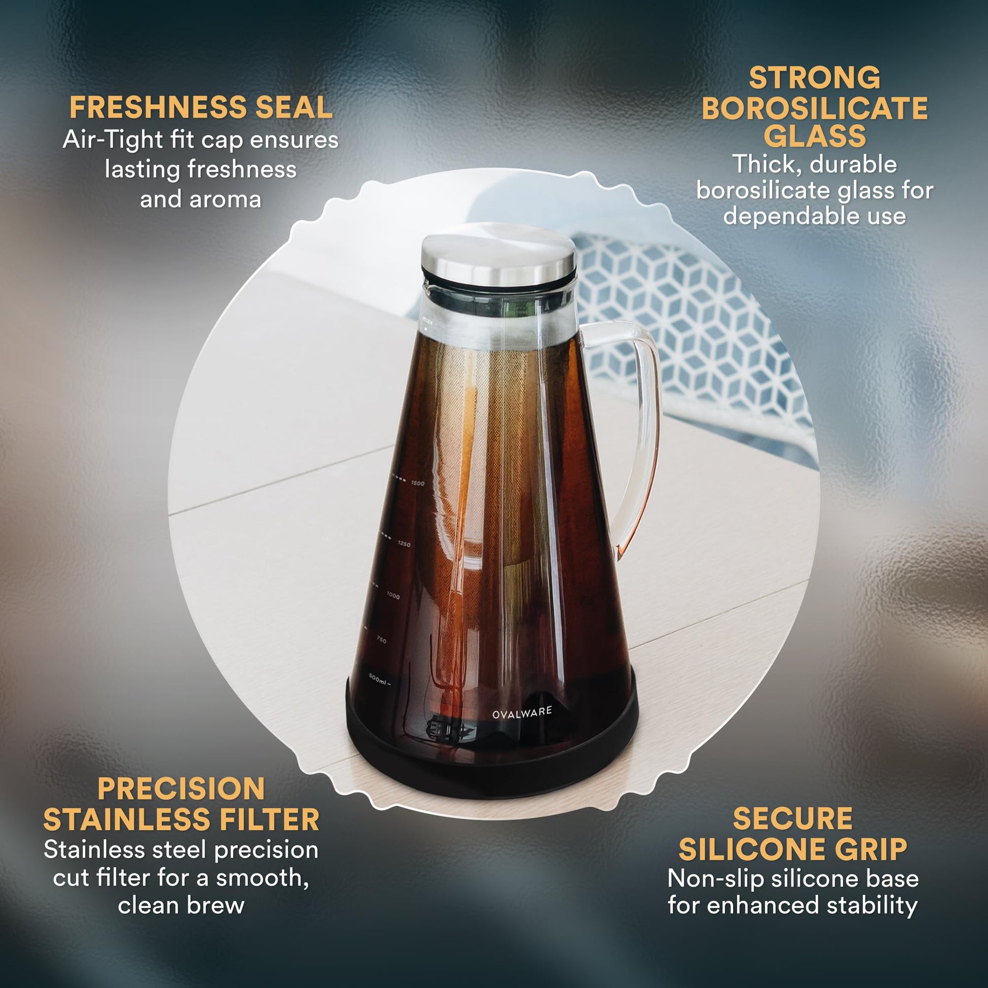 OVALWARE Airtight Cold Brew Iced Coffee Maker Pitcher (& Iced Tea Maker) with Spout – 1.5L/ 51oz