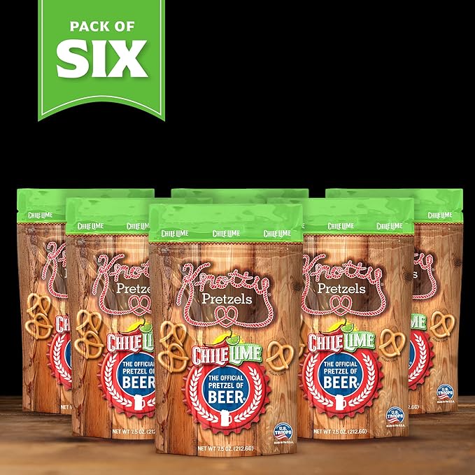 Knotty Pretzels ?쏷he Official Pretzel of Beer??7.5 oz Individual Seasoned Pretzels in Resealable Pretzel Snack Bags, The Perfect Pairing for Beer, Chile Lime Flavor (6-Pack)