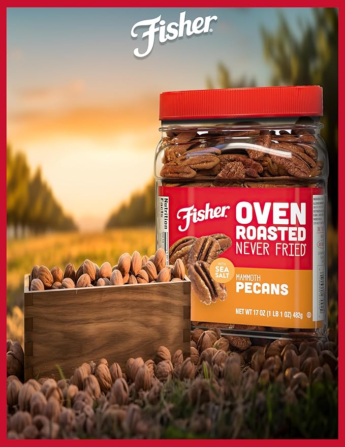 Fisher Oven Roasted Never Fried Mammoth Pecans, 17 Ounces (Pack of 1), Heart Healthy Snacks for Adults, Made with Sea Salt, No Added Oil or Artificial Ingredients , Gluten Free, Vegan Protein, Bulk