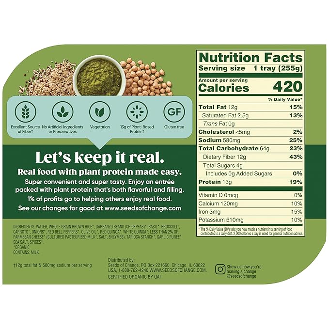 SEEDS OF CHANGE Organic Protein Bowl Garden Pesto, Prepared Entr챕e, Microwave in 90 Seconds, 9 oz (Pack of 6)
