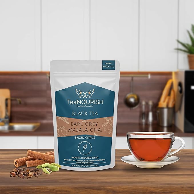 TeaNOURISH Earl Grey Masala Chai Tea | Spiced Citrus | Blend of Assam CTC, Cardamom, Cinnamon, Black Pepper, Clove, Natural Bergamot Extract | 100% NATURAL - 3.53oz/100g (Pack of 2)