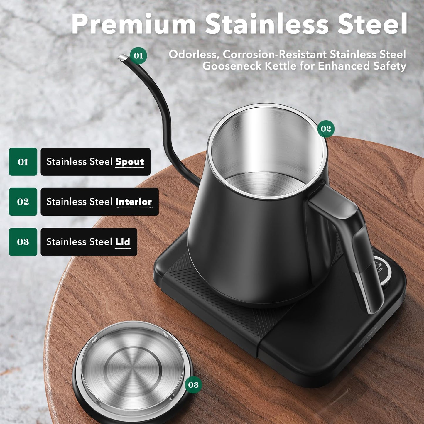 Gooseneck Electric Kettle HIYAKOI with ±1℉ Temperature Control, Pour Over Kettle for Coffee & Tea