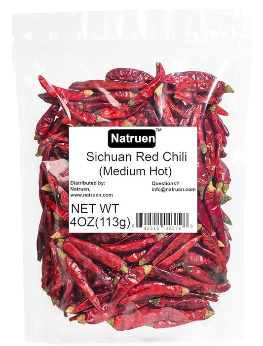 Natruen Whole Dry Szechuan Chinese Red Chili Pods 4 Oz (Medium Hot), Spicy Sichuan Dried Red Hot Chilies for Chili Oil, Paste, and Sauce