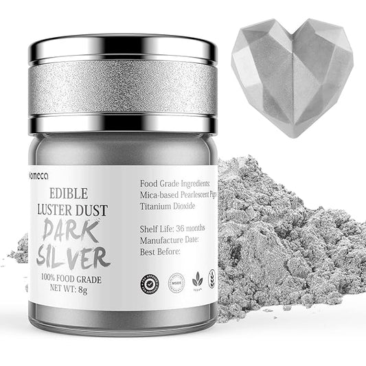 Nomeca Edible Luster Dust, 8 Grams Food Grade Shimmer Gold Cake Dust Metallic Food Coloring Powder for Cake Decorating, Baking, Fondant, Gumpaste, Chocolate, Candy, Drinks, Cookies - Dark Silver