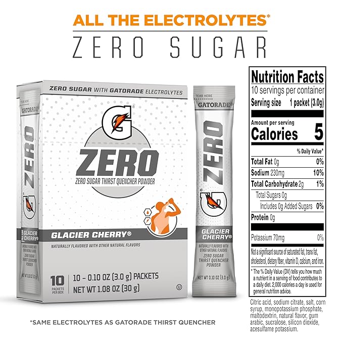 Gatorade G Zero Sports Drink Mix Powder Packets, Glacier Cherry, Electrolyte Powder Drink Mix for Hydration, Zero Sugar, Total 120 Packets