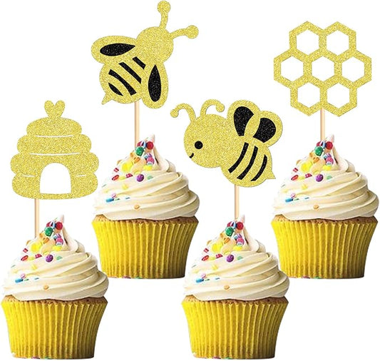 24 PCS Bumble Bee Cupcake Toppers Bumble Bee Party Decorations for Kids Girls Birthday Baby Shower Honey Bee Themed Party Supplies