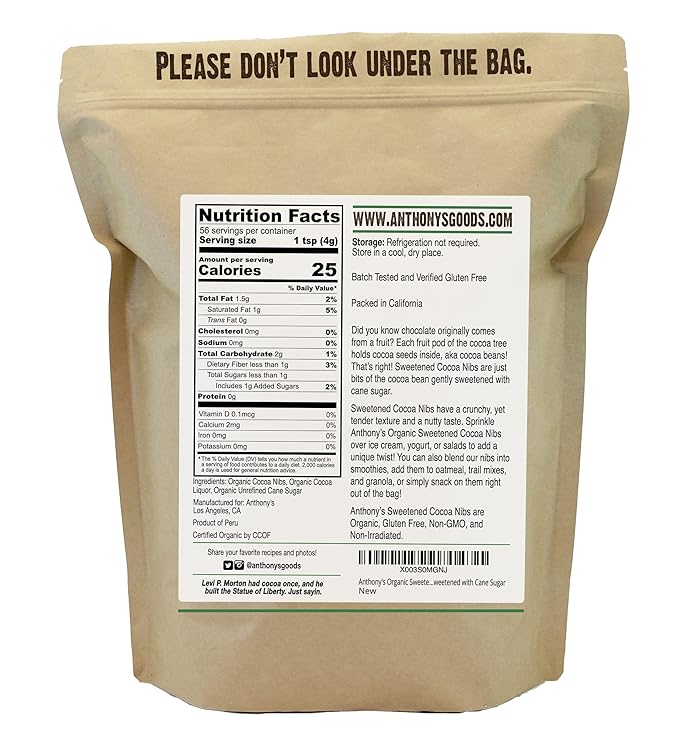 Anthony's Organic Sweetened Cocoa Cacao Nibs, 8 ounce, Gluten Free, Non-GMO, Non-Irradiated, Sweetened with Cane Sugar