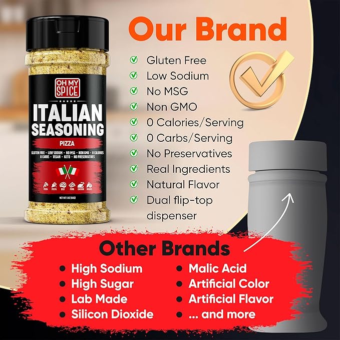 Italian Seasoning Blend Pizza Spice Mix - Gluten Free & Low Sodium Pizza Seasoning for Bruschetta & Spaghetti. Mediterranean Herbs Seasonings for Italian Food. Herbs Toppings for Pasta & Beef. 5oz