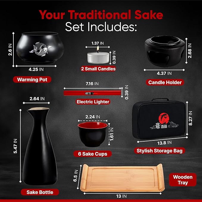Japanese Sake Set with Warmer | 11 pc | 6 sake cups only | non electric sake warmer | sake bottle | candles | lighter | bamboo sake flight tray for sake cup set | bomb gift kit for chinese sake set