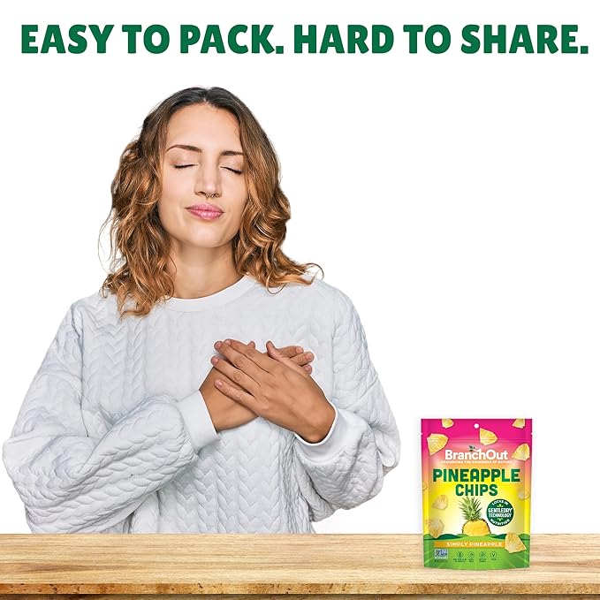 BranchOut Pineapple Chips, No Sugar Added, Real Dried Pineapple Chunks, GentleDry, Better than Freeze Dried Pineapple, Healthy Vegan Fruit Snacks for Kids & Adults, 1.5 oz (Pack of 8)