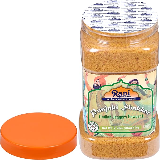 Rani Punjabi Shakkar (Gur Jaggery Powder) Indian Unrefined Raw Cane Sugar 35oz (2.2lbs) 1kg PET Jar ~ Gluten Friendly | Vegan | NON-GMO | Kosher | No Salt or fillers | Indian Product