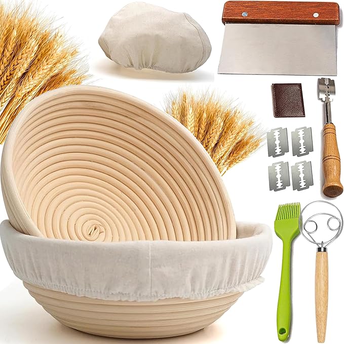Banneton Bread Proofing Basket - 2 pcs 9" Round Basket with Liner, Dough Scraper & Whisk, Silicone Brush, Lame - Perfect for Sourdough Bread Baking, Artisan Sourdough Bread (2 pcs 9" Round & Tools)