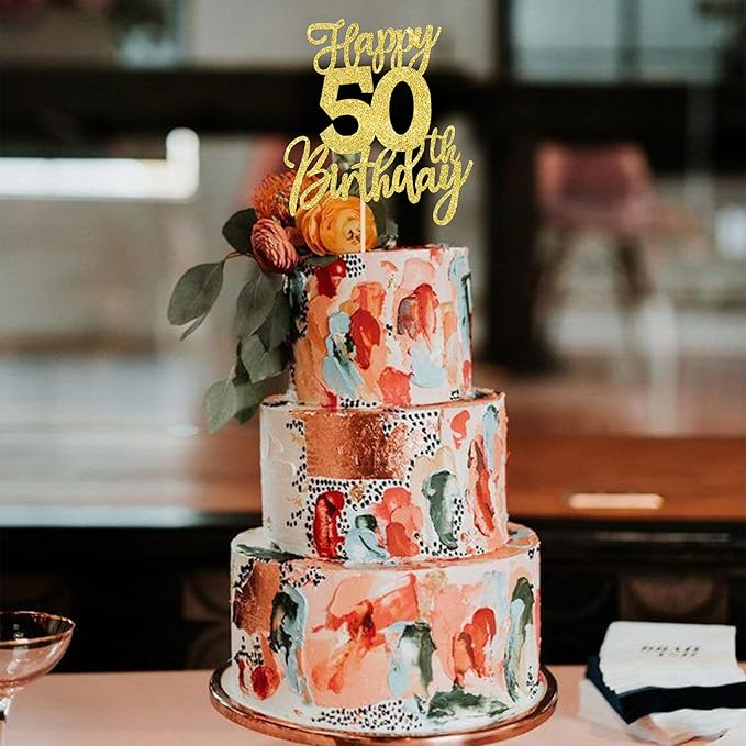 1 PCS Happy 50th Birthday Cake Topper Glitter Cheers to 50 Years Birthday Cake Pick Fifty Hello 50 Fabulous Cake Decoration for Happy 50th Birthday Anniversary Party Decorations Supplies Gold