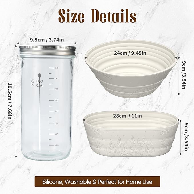 Sourdough Starter Kit with Jar ??Complete Sourdough Bread Baking Supplies for Beginners, Includes 2 Silicone Proofing Baskets Baking Mat Sour Dough Kit - White