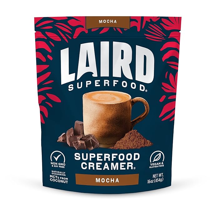 Laird Superfood Non-Dairy Coffee Creamer Mocha, Shelf-Stable Superfood Non-Dairy Powder Creamer, Gluten Free, Non-GMO, Vegan, 16 oz. Bag, Pack of 1