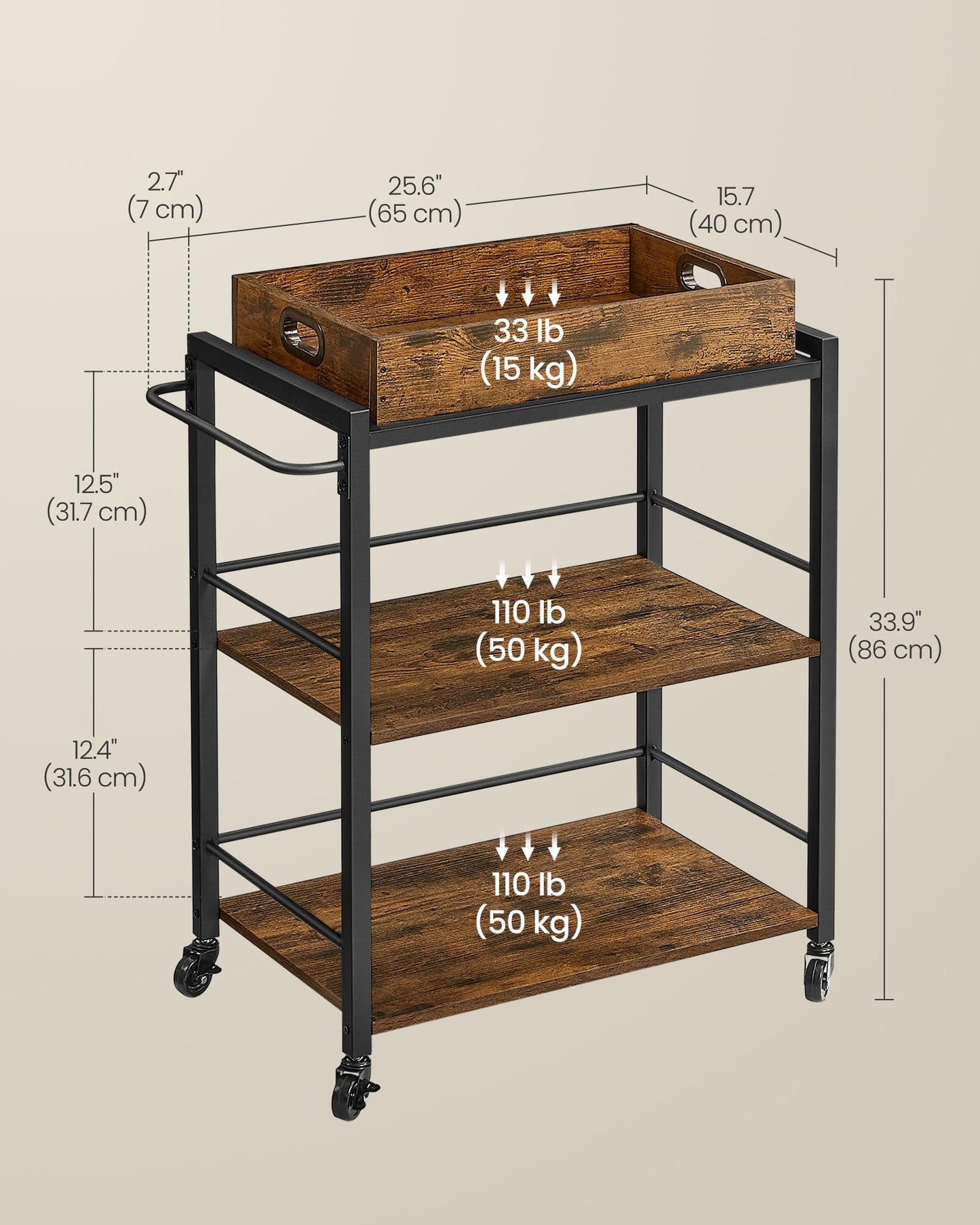 VASAGLE Kitchen Serving Cart with Removable Tray, 3-Tier Kitchen Utility Cart on Wheels with