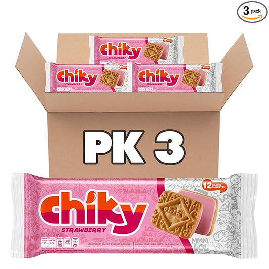 Chiky Strawberry Fudge Cookies, Crunchy & Sweet, Smooth Cream Center, Crispy Texture That Melts In Every Bite, 16.9 ounces, 1 Box contains 3 Bags, each with 12 Individual Packs.