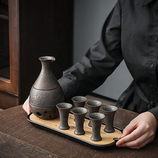TEANAGOO Traditional Japanese Sake Set, Sake Carafe(6 Oz) with 6 Sake Cups (0.9 Oz) for Hot or Cold Japanese Soju Liquor with Serving Bambo Tray Gift Sets 10pcs/set,Saki Sets Traditional Carafe Set