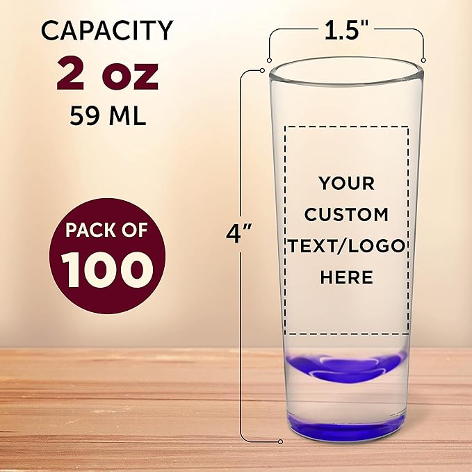 Custom Cordial Shooter Shot Glasses 2 oz. Set of 100, Personalized Bulk Pack - Great for Birthdays, Parties, Indoor & Outdoor Events - Purple