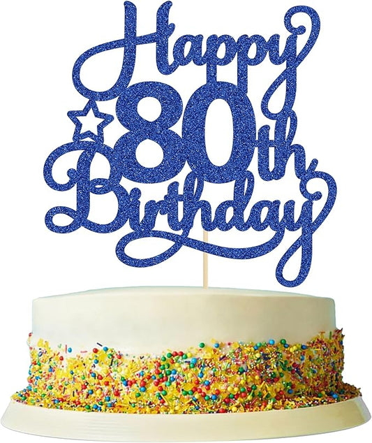 1 Pack Happy 80th Birthday Cake Topper Blue Glitter 80 & Fabulous Cheers to 80 Years Old Birthday Cake Pick for Celebrating 80th Birthday Anniversary Party Cake Decorations Supplies