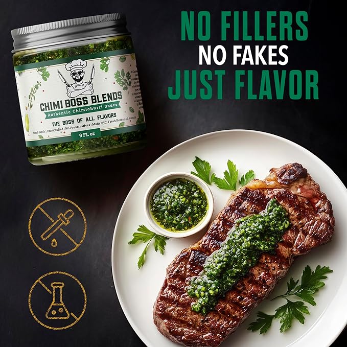 Chimi Boss Chimichurri Original Sauce, 9 fl oz – Authentic Argentinian Green Herb Sauce with Fresh Parsley, Garlic & Spices – All Natural Marinade & Topping – Made in USA