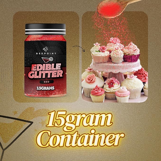 BeePoint Red Edible Glitter for Drinks 15g - Food Grade, Vibrant Color Shimmer Powdered Dust for Drinks, Cocktails, Cake Decorating, Baking, Chocolates, Candy, Sweets, & Cookies - Vegan & Gluten Free
