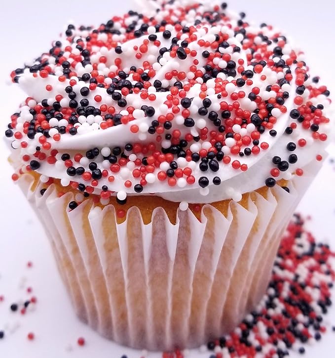 NCS Red, White, and Black Edible Non Pareil Sprinkles, 8 ounces - Great for Cupcakes, Cookies, Cakes, Cakes Pops