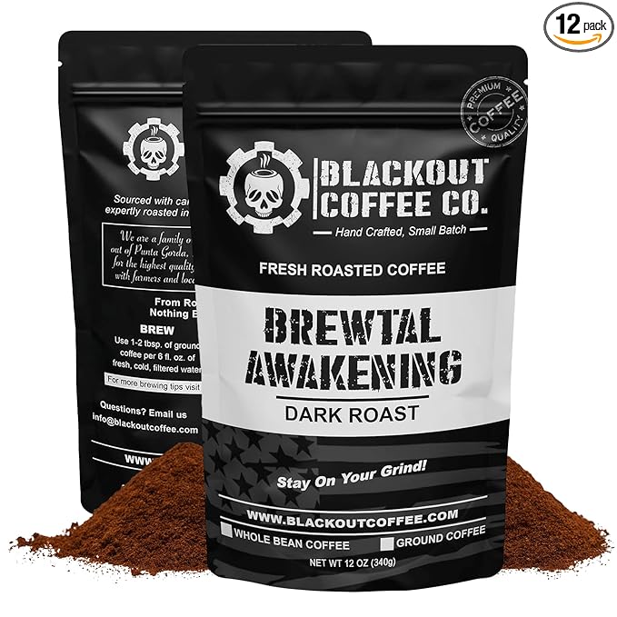 Blackout Coffee Brewtal Awakening Ground Coffee ??Dark Roast, Bold Flavor ??Freshly Roasted 12oz Bag, American Made