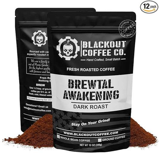 Blackout Coffee Brewtal Awakening Ground Coffee ??Dark Roast, Bold Flavor ??Freshly Roasted 12oz Bag, American Made