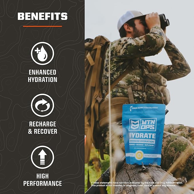 MTN OPS Hydrate Electrolytes Powder Drink Mix, 20 Single Serving On-The-Go Electrolyte Packs with Over 1000mg of Electrolytes per Serving, Hush Summit Surge
