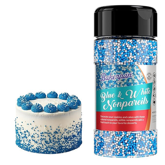 Bakerpan Blue and White Nonpareils Sprinkles - 7 Ounces Sprinkles For Cake Decorating - Edible Nonpareils For Cupcakes, Ice Cream, Cake Decorations (Made in USA)
