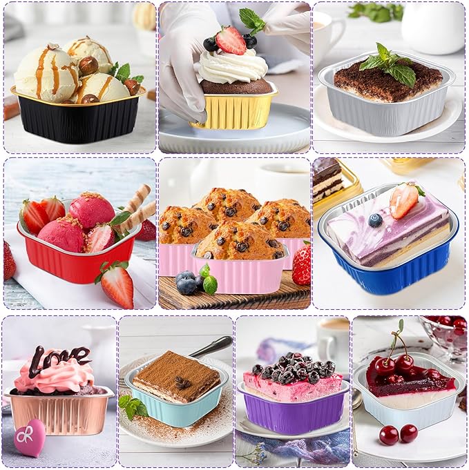 Aoriher 300 Pieces 10 oz Mini Cake Pans with Lids, Aluminum Foil Baking Cups, Square Disposable Cupcake Cups Baking Tins for Wedding Birthday Party Supplies(Colorful)