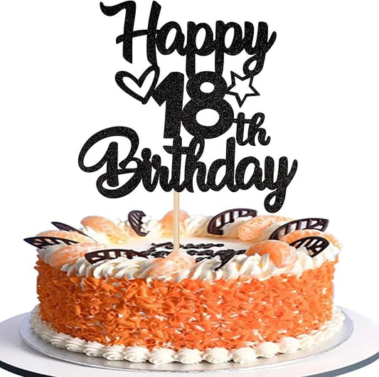 1 Pack Happy 18th Birthday Cake Topper Glitter Heart Star 18 Fabulous Cake Pick Birthday Sign Cake Decorations for 18th Birthday Theme Party Supplies Black