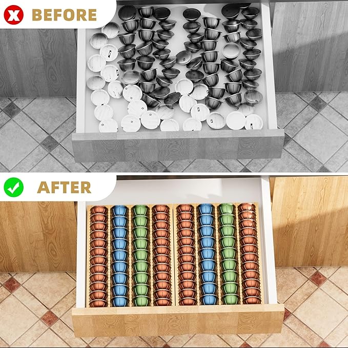 MinBoo Bamboo Coffee Pod Storage Holder Drawer Insert for Counter Compatible Nespresso Vertuo Vertuoline Capsules for Kitchen, Home, Office, Coffee Station