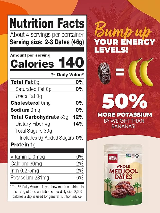 Natural Delights Medjool Dates Whole - Non-GMO Verified Fruit, Good Source of Fiber & Potassium, Naturally Sweet, Snack for On-the-Go, Large & Plump Dates - 8 oz Pouch (Pack of 2)