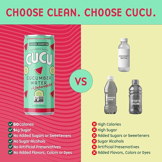 CUCU Cucumber Water + Watermelon Water ??Natural Hydration from Cucumbers with Vitamin C, Electrolytes & Antioxidants ??No Sugar Added, Non-GMO ??12 Pack, 11 fl oz Cans