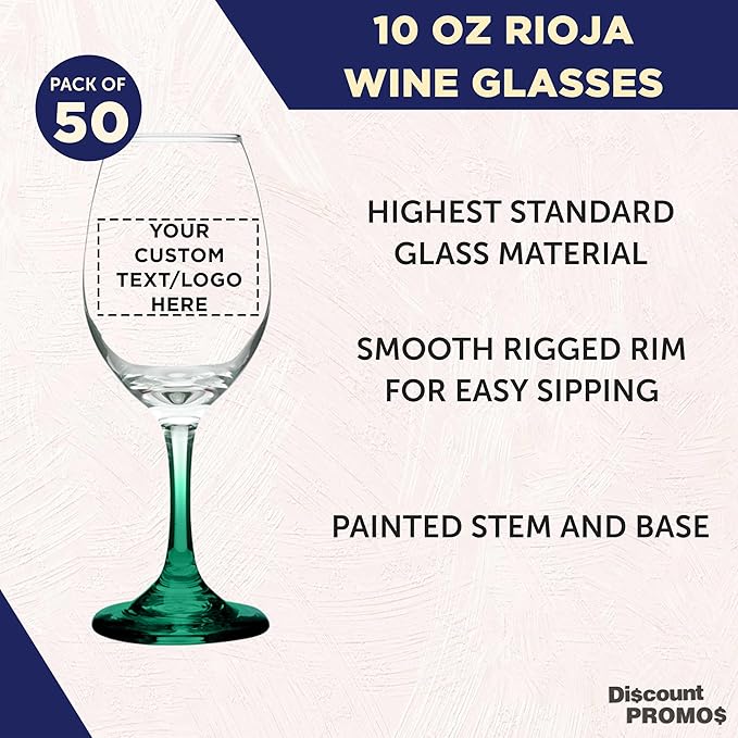 Custom Rioja Wine Glasses with Stem 10 oz. Set of 50, Personalized Bulk Pack - Color Bottom, Perfect for Wedding, Party Favors, Birthday, Bridal Shower Gifts - Green