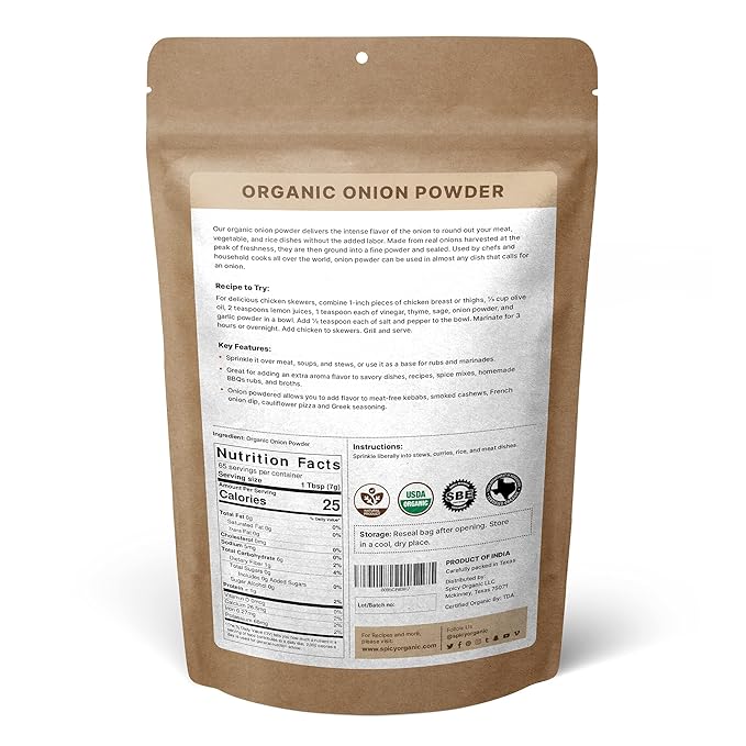 SPICY ORGANIC Onion Powder ??16 oz. ??Certified USDA Organic - Non-GMO - White Onion Powder Seasoning for Dressings, Dips, Casseroles, Meat, Poultry, Baking, Sauces, Gravies, and Flavoring for Snacks