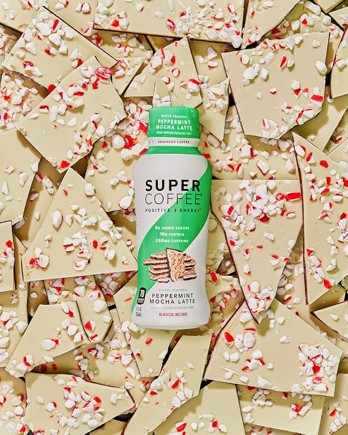 Super Coffee, Keto Protein Coffee (0g Added Sugar, 10g Protein, 80 Calories) [Peppermint Mocha Latte] 12 Fl Oz, 12 Pack | Iced Smart Coffee Drinks - LactoseFree, GlutenFree
