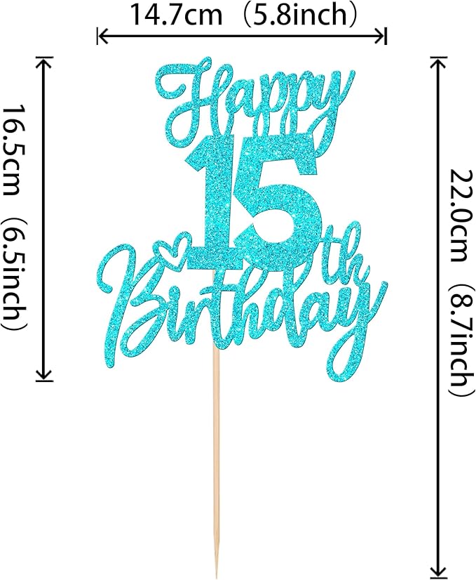 1 PCS Happy 15th Birthday Cake Topper Glitter Cheers to 15 Years Birthday Cake Pick Sweet 15 Fabulous Cake Decoration for Happy 15th Birthday Anniversary Theme Party Decorations Supplies Blue