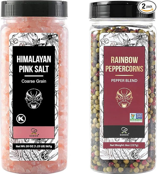 Soeos Himalayan Pink Salt and Rainbow Peppercorn Grinder Refills, 18oz Salt & 8oz Peppercorns, Kosher Seasoning Set for Cooking
